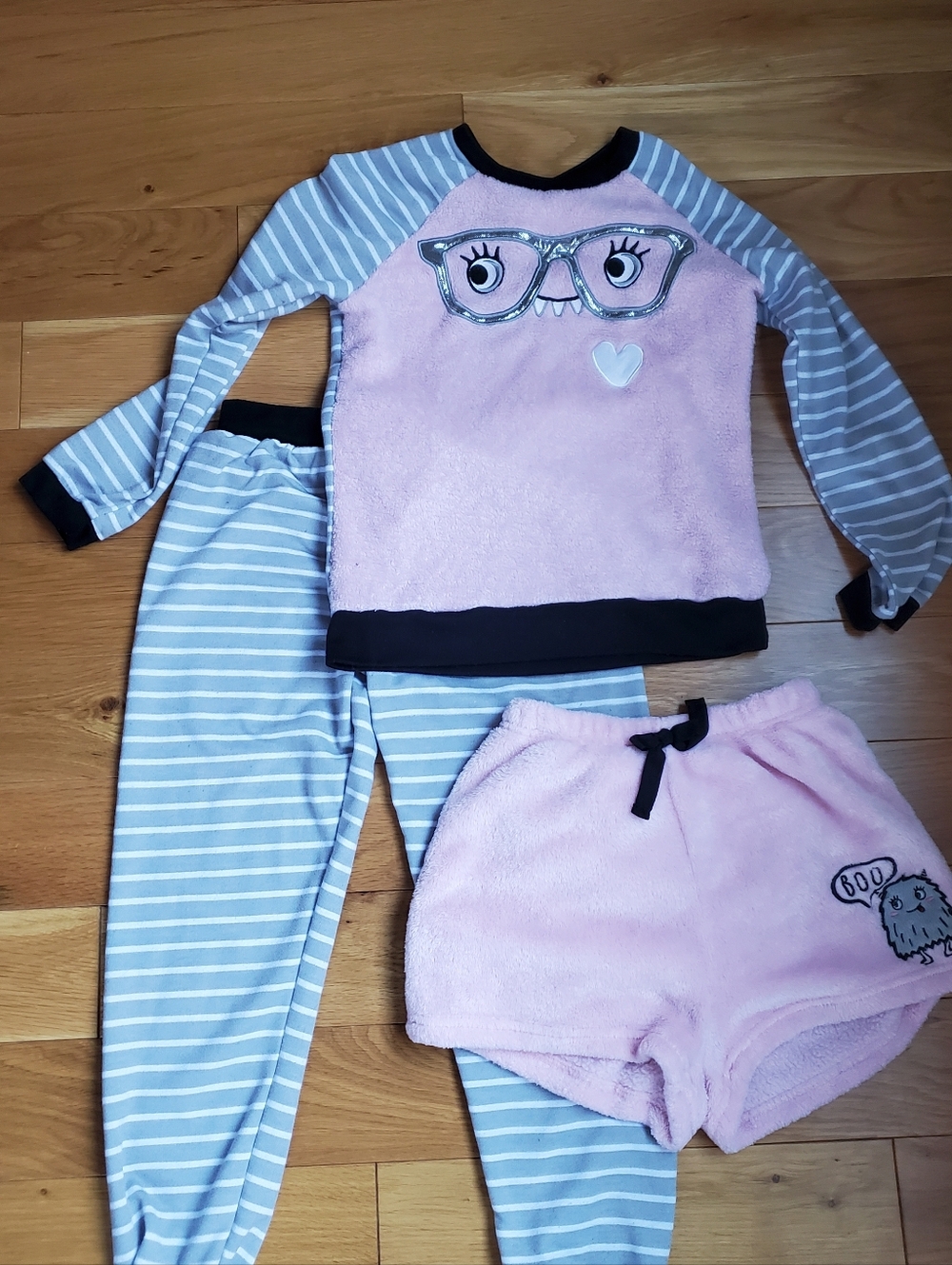 3 Piece Pink & Gray Striped Plush Pajama Set